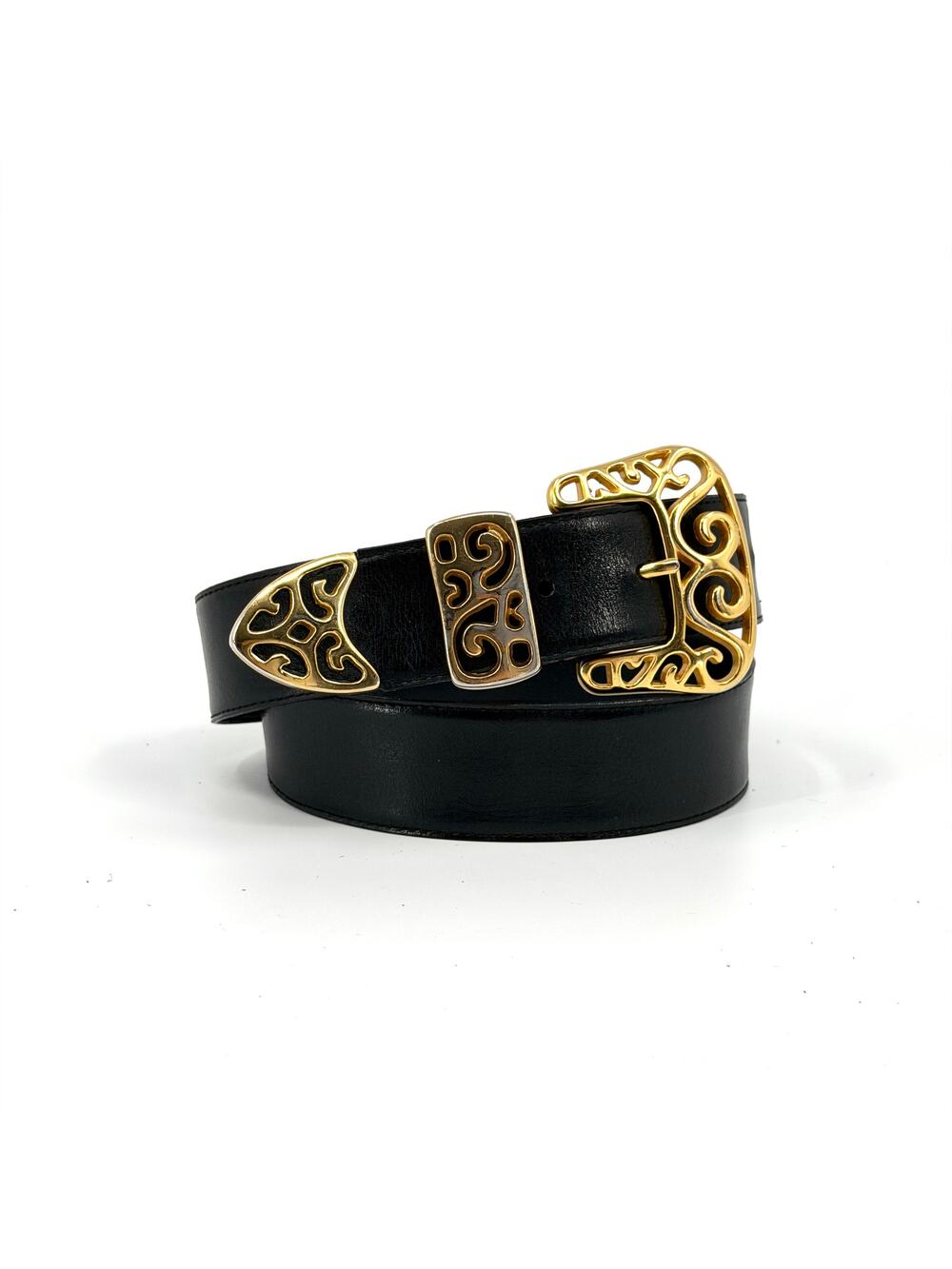 Vintage 90s Donna Katz Black Western Ornate Gold Filigree Hardware Belt